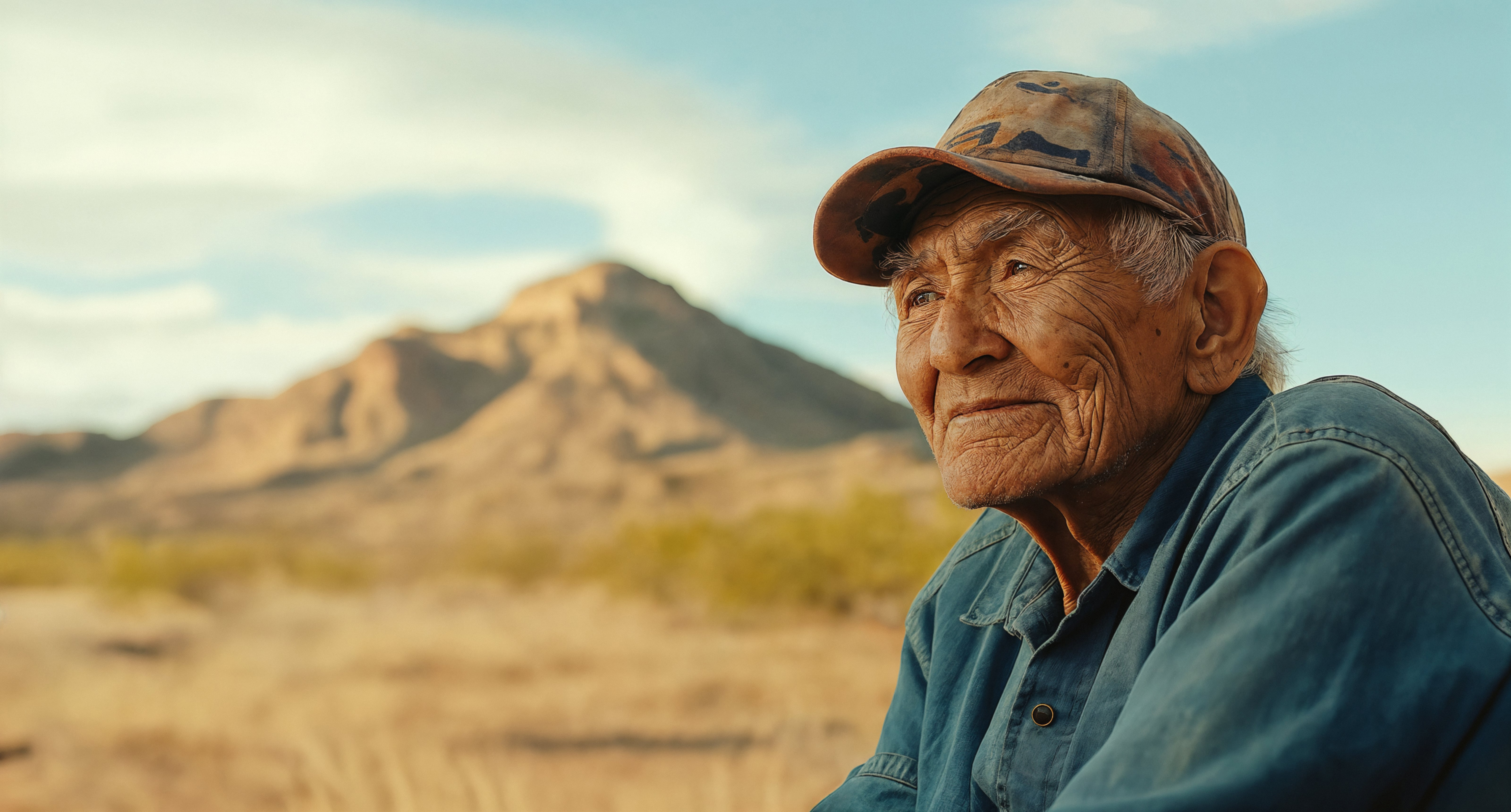 Close portrait of a Native American elder with a peaceful and dignified expression